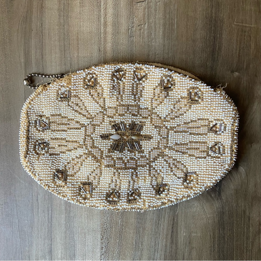 Antique 1930s white beaded made in Czechoslovakia clutch bag